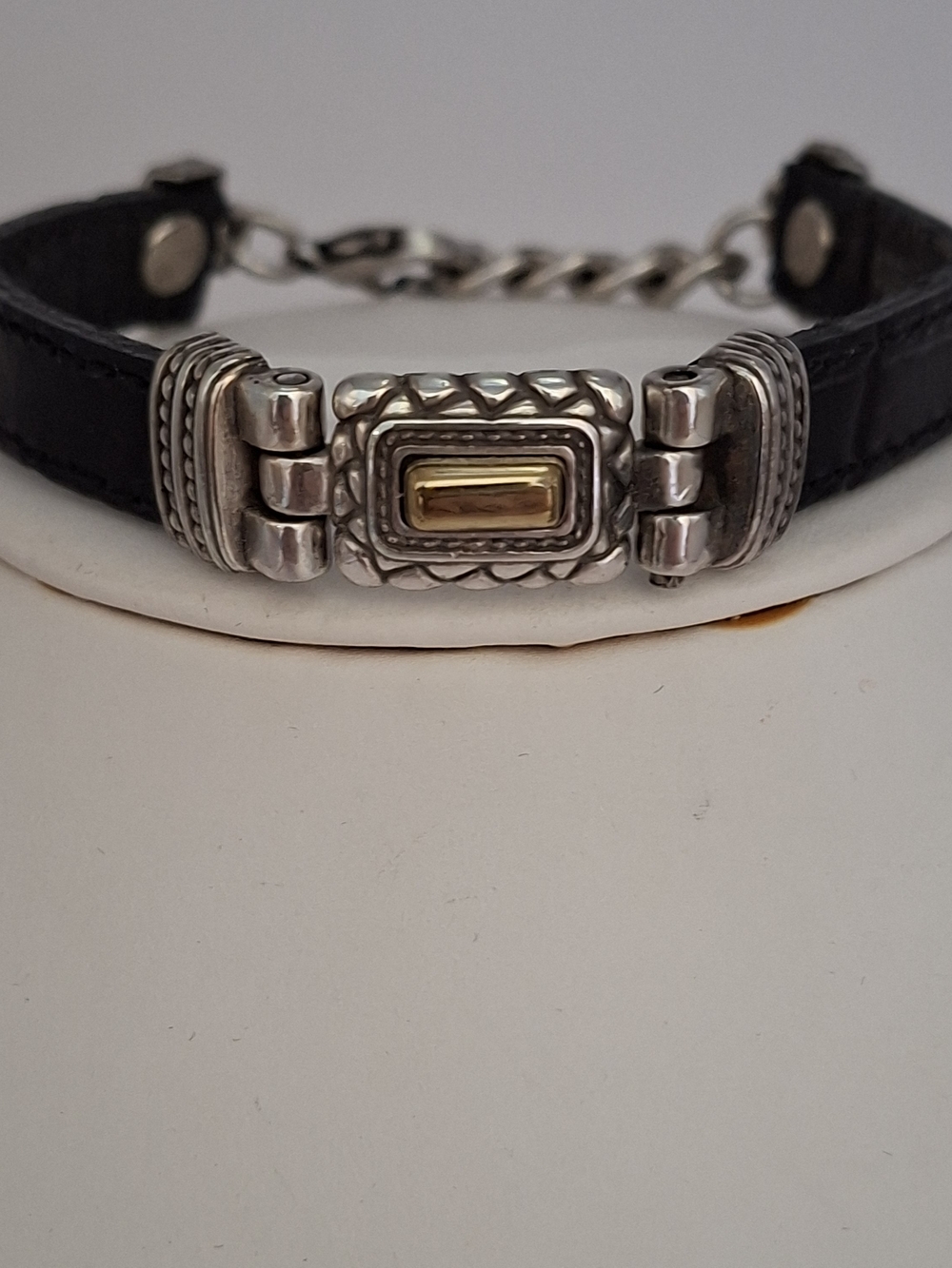 Brighton Silver and Gold Accent Black Leather Bracelet